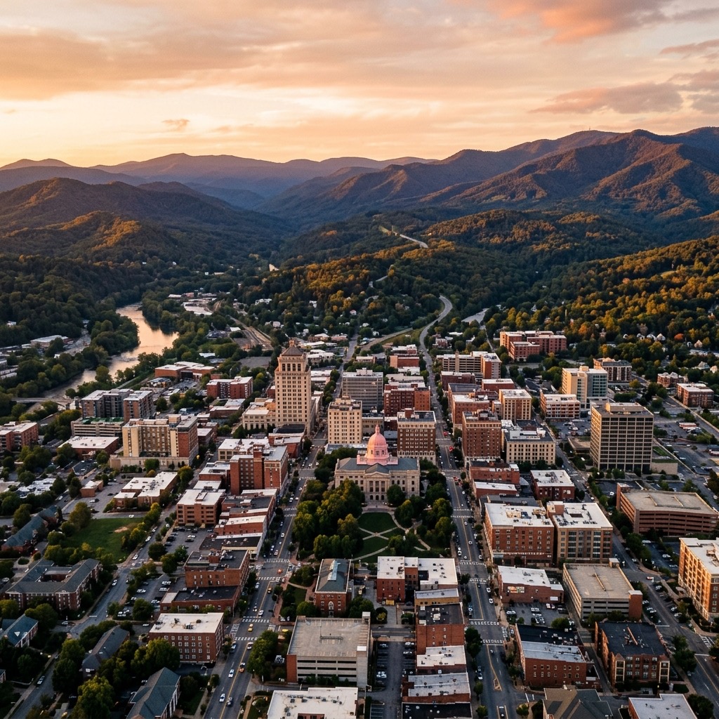 Aerial view of downtown Asheville, NC with the Blue Ridge Mountains in the background